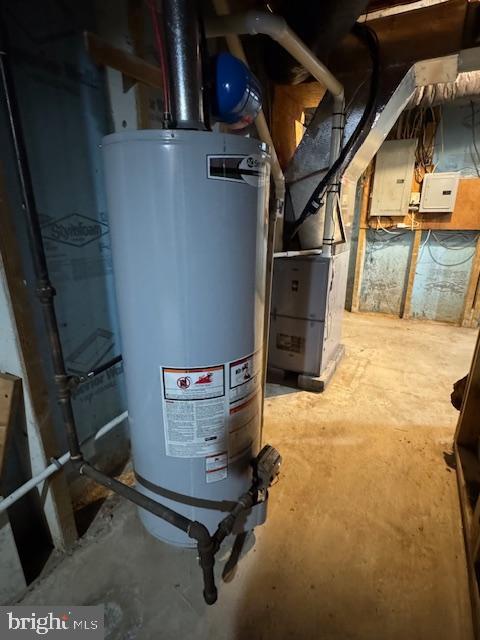 utility room featuring gas water heater and electric panel