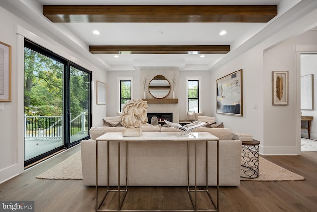 living room featuring beamed ceiling, a fireplace, and dark hardwood / wood-style flooring