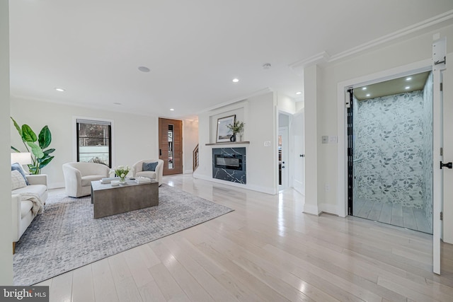 living room with a premium fireplace, crown molding, and light hardwood / wood-style flooring