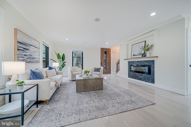 living room featuring ornamental molding, a premium fireplace, and light wood-type flooring