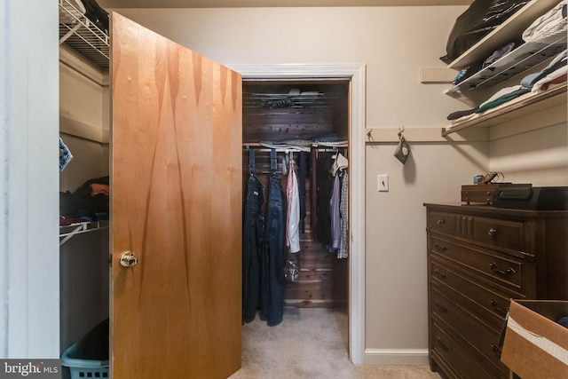 walk in closet with light colored carpet