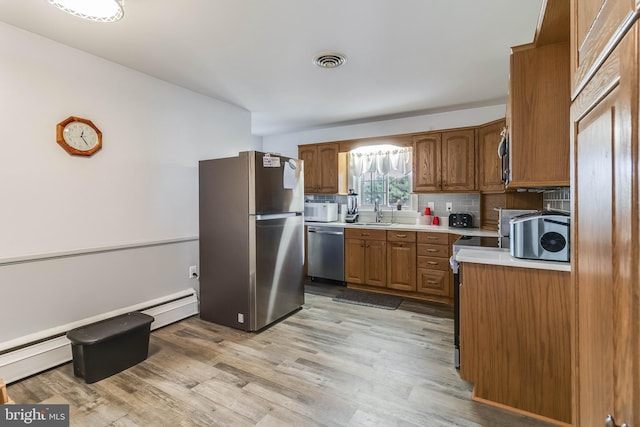 kitchen featuring appliances with stainless steel finishes, sink, light hardwood / wood-style floors, and decorative backsplash