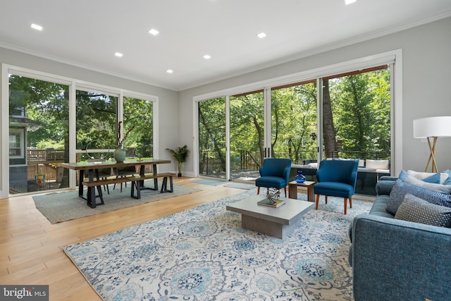 living room with ornamental molding and light hardwood / wood-style flooring