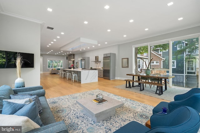 living room featuring ornamental molding and light hardwood / wood-style floors