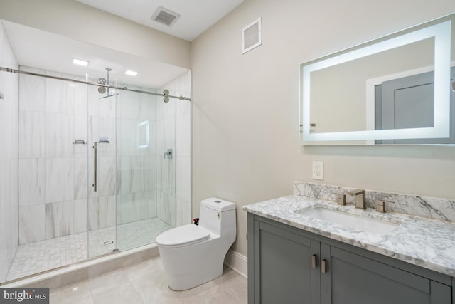 bathroom with vanity, walk in shower, and toilet