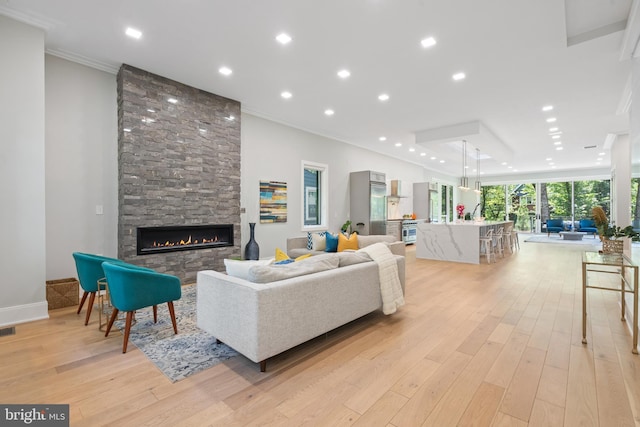 living room with ornamental molding, a stone fireplace, and light hardwood / wood-style flooring