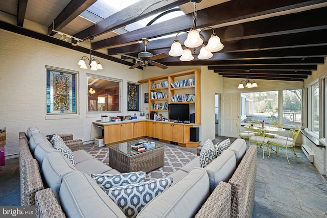 living room featuring lofted ceiling with beams, a baseboard radiator, and ceiling fan with notable chandelier