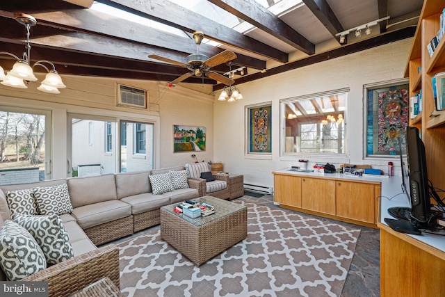 living room featuring beamed ceiling, ceiling fan with notable chandelier, a wall mounted AC, and baseboard heating