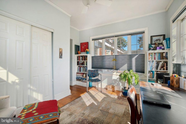 office space with hardwood / wood-style flooring, ceiling fan, and ornamental molding