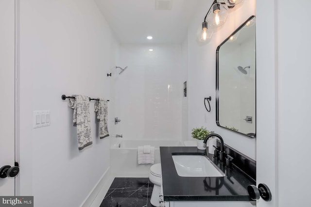 full bath with toilet, recessed lighting, shower / bath combination, baseboards, and marble finish floor