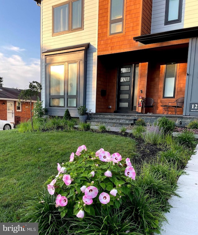 view of exterior entry featuring a yard