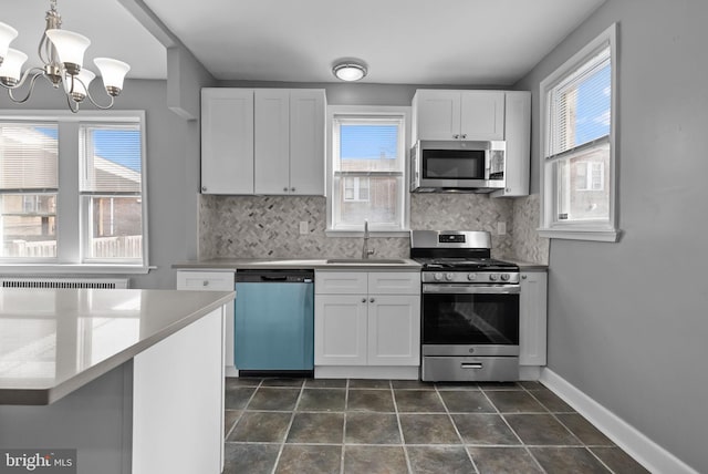 kitchen with sink, appliances with stainless steel finishes, backsplash, hanging light fixtures, and white cabinets