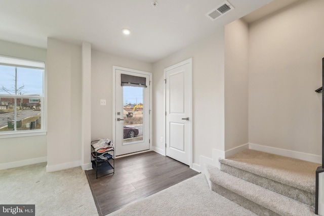 entrance foyer featuring dark wood-type flooring and plenty of natural light