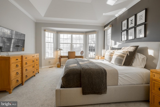 carpeted bedroom with crown molding and a tray ceiling