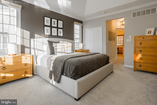 bedroom with crown molding, a closet, and carpet