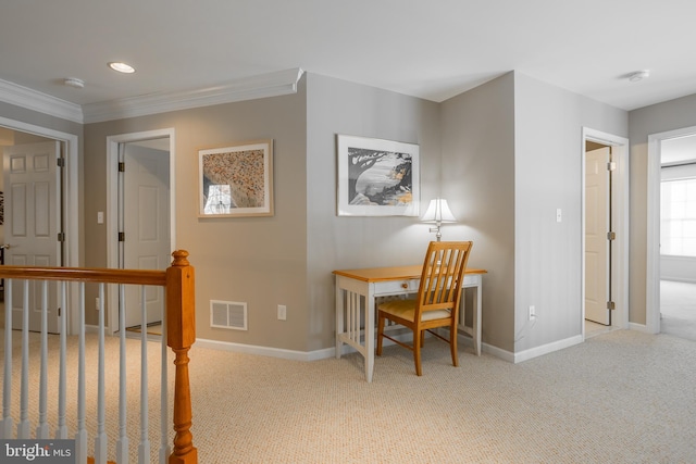 interior space with ornamental molding and light carpet