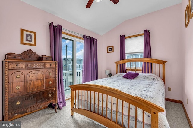 bedroom featuring lofted ceiling, carpet flooring, access to exterior, and ceiling fan