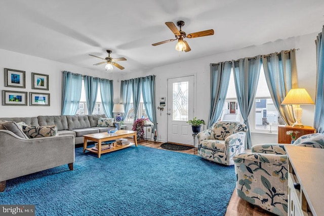 living room featuring ceiling fan and wood-type flooring