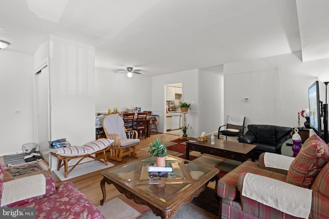 living room featuring wood-type flooring and ceiling fan