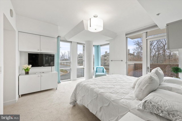 bedroom with light colored carpet and access to exterior