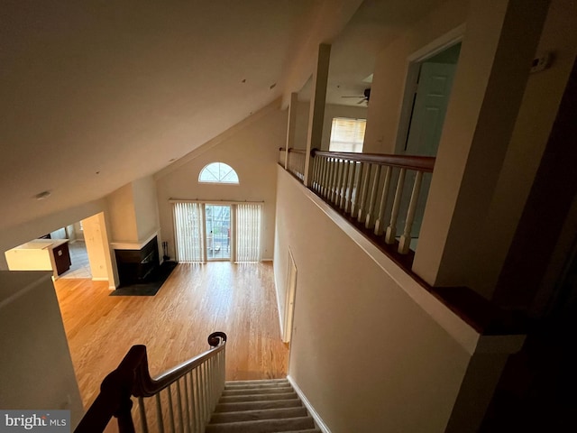 stairway featuring wood-type flooring and high vaulted ceiling