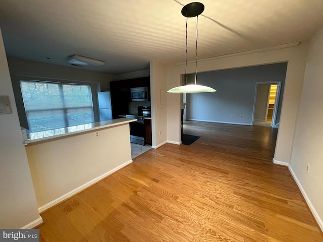 kitchen with stainless steel appliances, light hardwood / wood-style floors, and decorative light fixtures