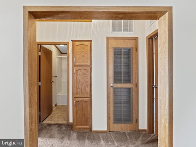 hallway with carpet floors