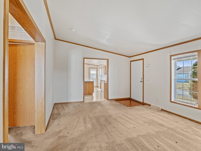 carpeted spare room featuring ornamental molding