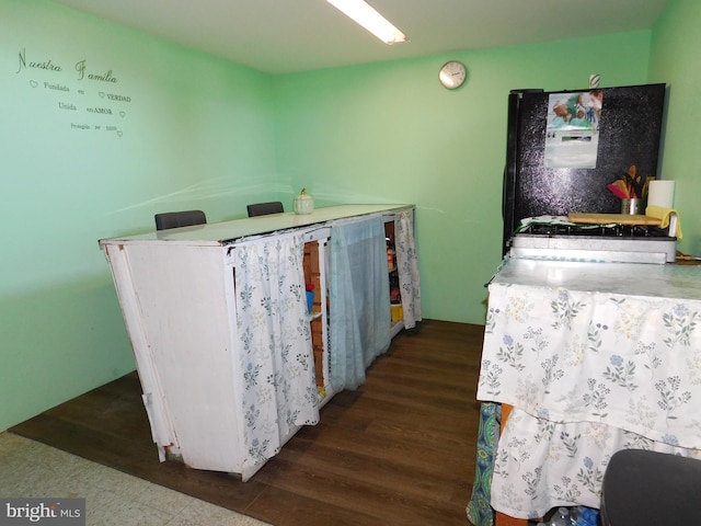 interior space featuring black refrigerator and dark hardwood / wood-style flooring