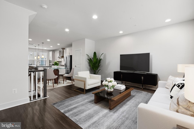 living room featuring dark hardwood / wood-style floors and sink