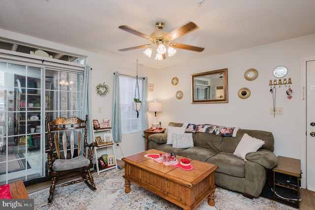 living room featuring ceiling fan