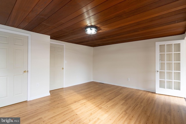 empty room featuring light hardwood / wood-style floors and wooden ceiling