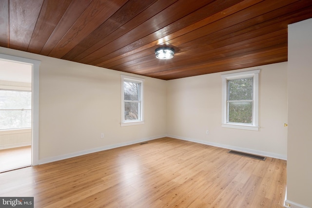 spare room with wooden ceiling and light hardwood / wood-style flooring