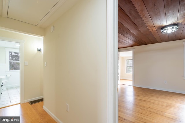 hall with light hardwood / wood-style floors and wooden ceiling