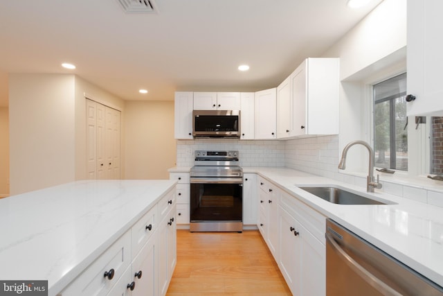 kitchen with sink, white cabinetry, light hardwood / wood-style flooring, stainless steel appliances, and backsplash