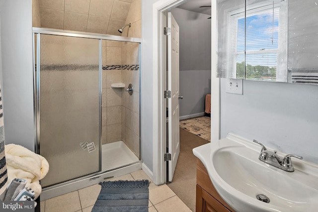 full bathroom featuring a stall shower, vanity, and tile patterned floors