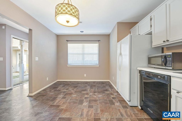 kitchen with white cabinetry, decorative light fixtures, and black dishwasher