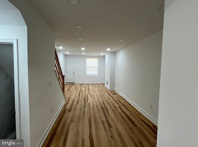 basement with light wood-type flooring