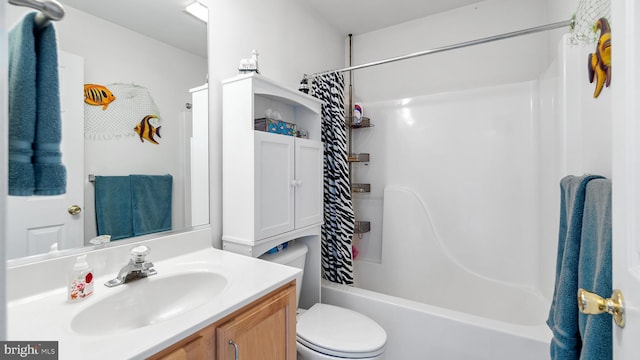 full bathroom with toilet, shower / bath combo, and vanity