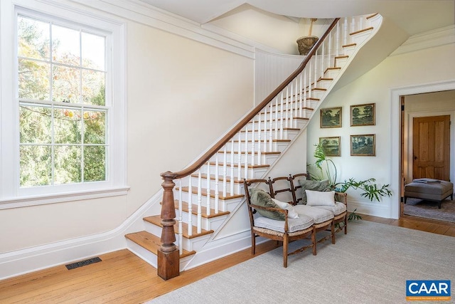 stairway with crown molding and wood-type flooring