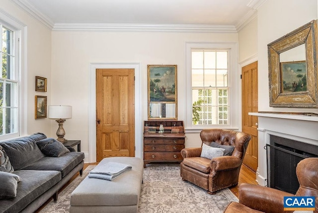 sitting room with crown molding, a healthy amount of sunlight, and hardwood / wood-style flooring