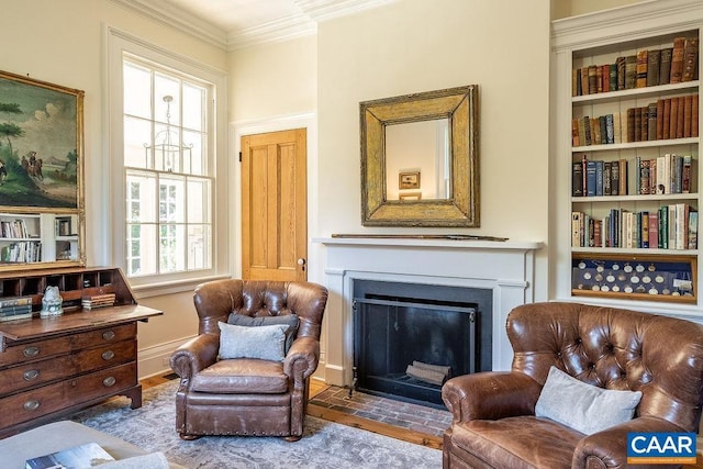 living area featuring crown molding