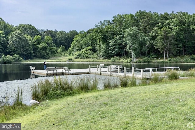 property view of water featuring a dock and a wooded view