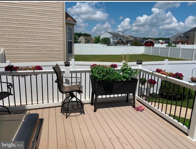 wooden deck featuring a fenced backyard and a residential view