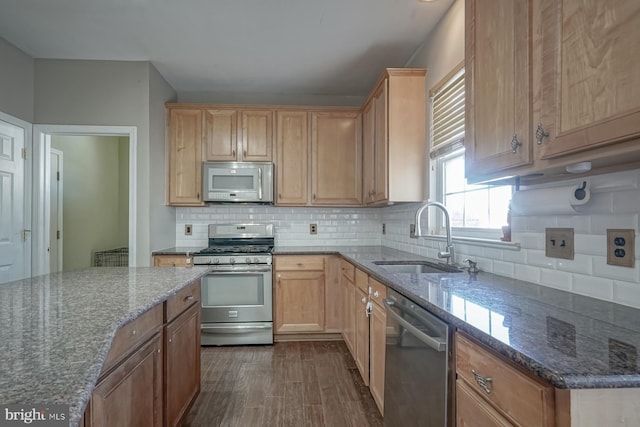 kitchen with dark wood finished floors, decorative backsplash, appliances with stainless steel finishes, a sink, and dark stone countertops