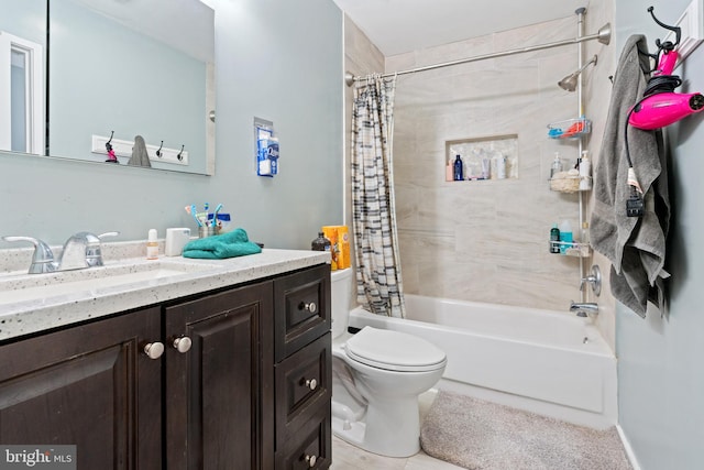 full bathroom with toilet, vanity, and shower / bathtub combination with curtain