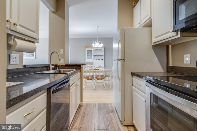 kitchen with sink, white cabinetry, light wood-type flooring, electric range, and dishwasher