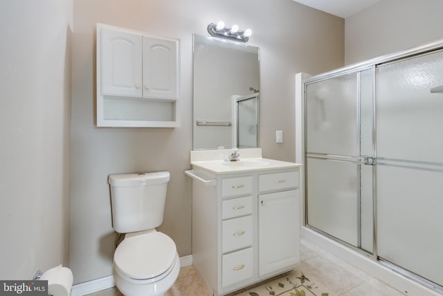 bathroom with tile patterned flooring, vanity, toilet, and walk in shower