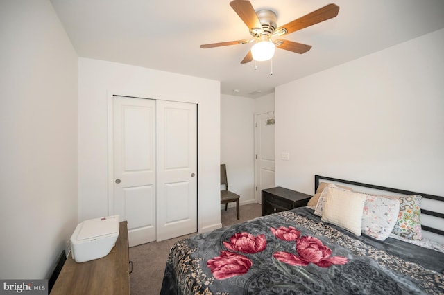 bedroom with carpet, ceiling fan, and a closet