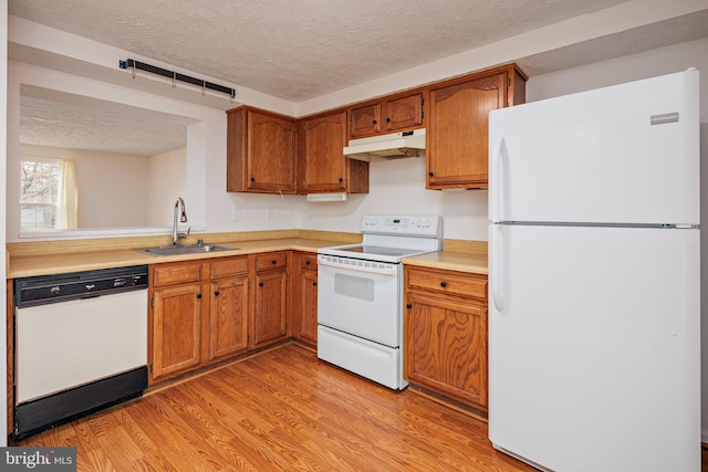 kitchen with white appliances, sink, light hardwood / wood-style flooring, and a textured ceiling